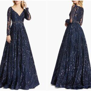 MAC DUGG 67113 DAMASK SEQUIN LONG SLEEVE MIDNIGHT NAVY GOWN 14
